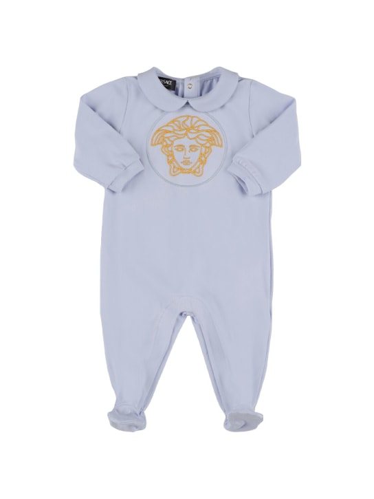 Versace: Embroidered cotton jersey romper - Blue/Gold - kids-boys_0 | Luisa Via Roma