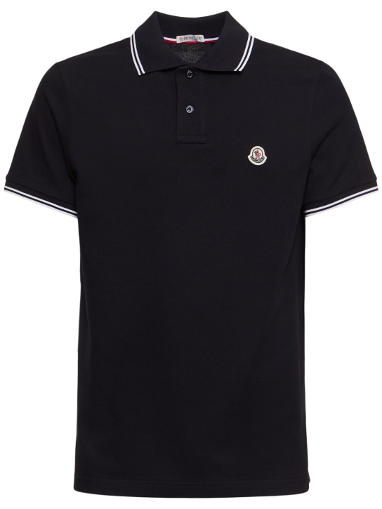 Moncler: Logo patch cotton polo shirt - Dark Blue - men_0 | Luisa Via Roma