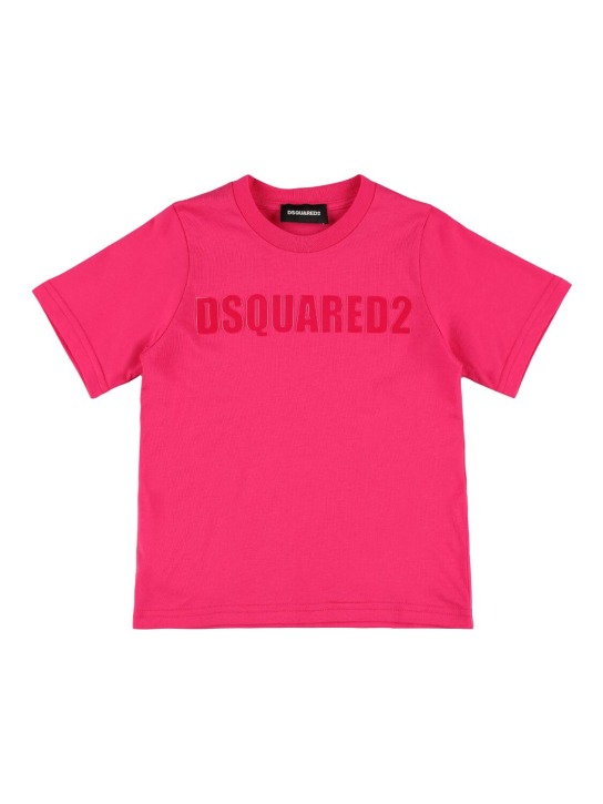 Dsquared2: 코튼 니트 저지 로고 티셔츠 - 자홍색 - kids-boys_0 | Luisa Via Roma