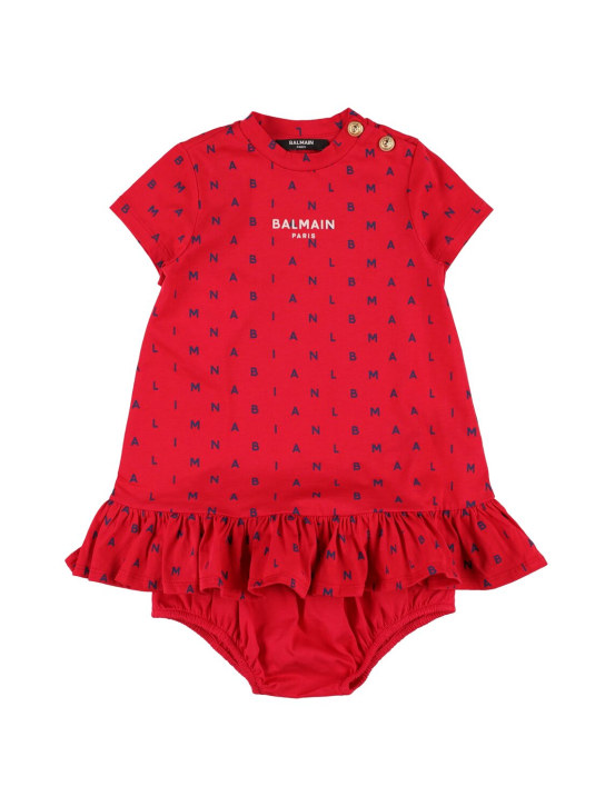 Balmain: Vestito in jersey di cotone con culotte - Rosso/Blu - kids-girls_0 | Luisa Via Roma