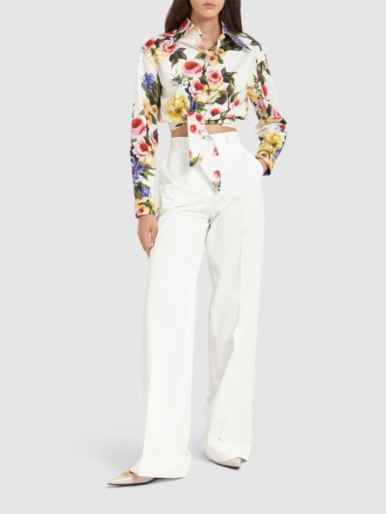 Dolce&Gabbana: Pantalones anchos de gabardina de algodón - Blanco - women_1 | Luisa Via Roma