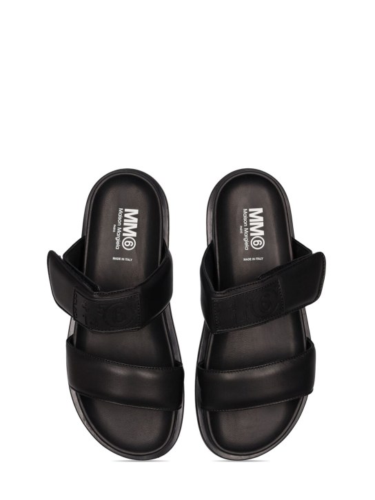 MM6 Maison Margiela: Embossed logo leather slide sandals - Black - kids-girls_1 | Luisa Via Roma