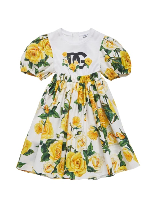 Dolce&Gabbana: Flower printed cotton dress w/ logo - White/Yellow - kids-girls_0 | Luisa Via Roma