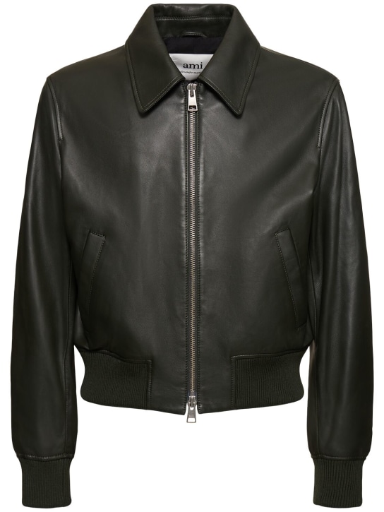 AMI Paris: Leather zip jacket - Olive Green - men_0 | Luisa Via Roma