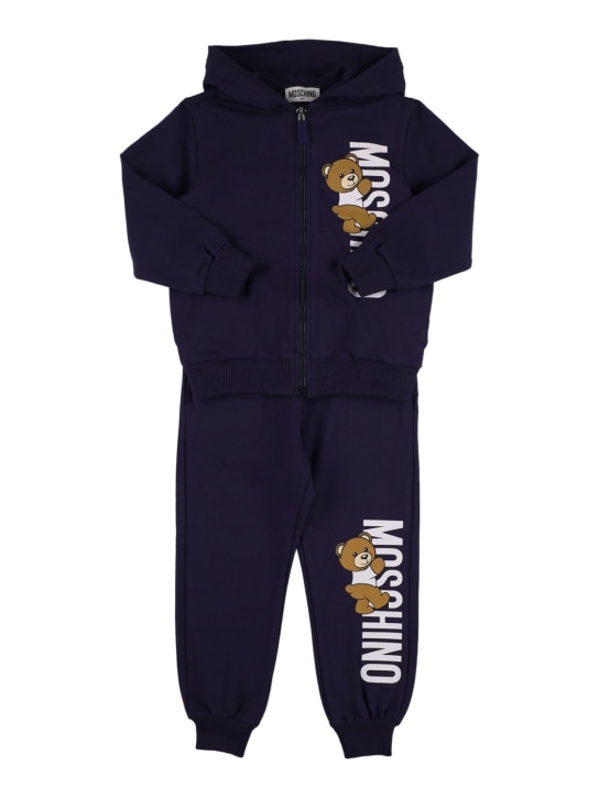 Moschino: Sweat-shirt & pantalon en coton à capuche - Bleu Marine - kids-boys_0 | Luisa Via Roma