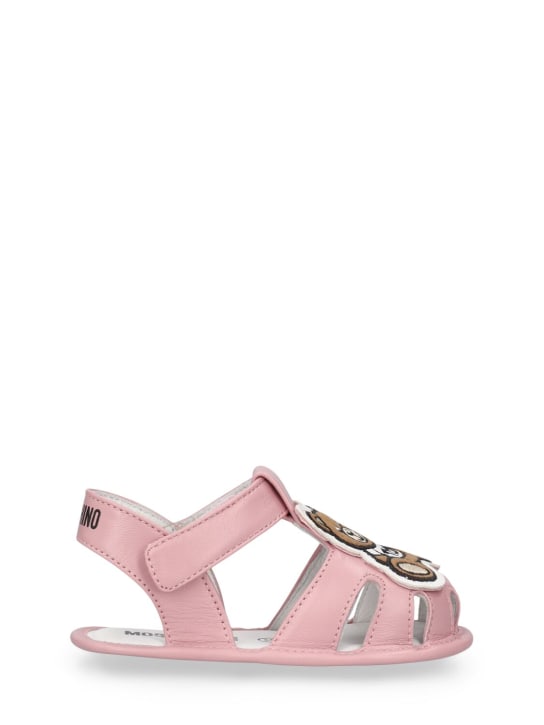 Moschino: Leather pre-walker shoes w/ patch - Pink - kids-girls_0 | Luisa Via Roma