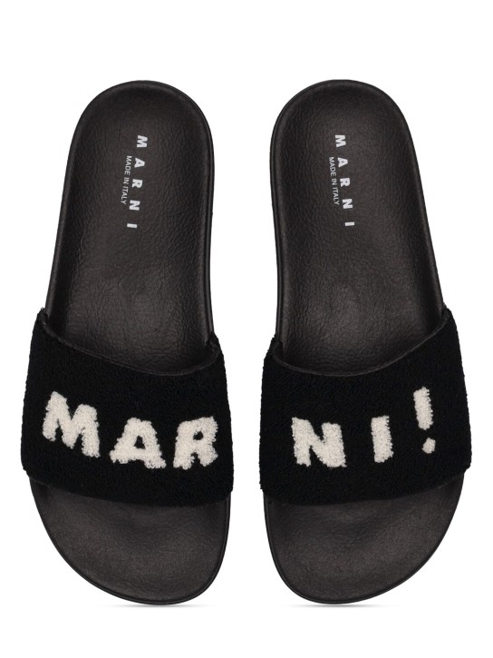 Marni Junior: Logo print terrycloth slide sandals - Black - kids-boys_1 | Luisa Via Roma