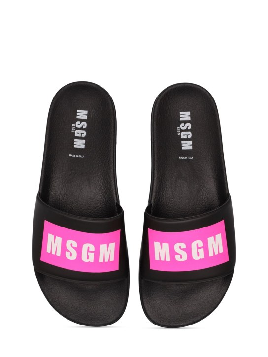 MSGM: Sandalias planas de goma con logo - Negro/Fucsia - kids-girls_1 | Luisa Via Roma