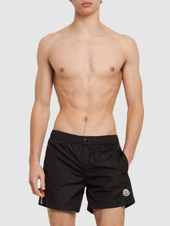 Moncler: Logo nylon swim shorts - Black - men_1 | Luisa Via Roma