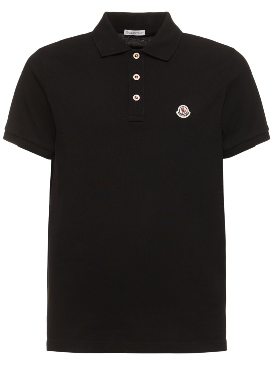 Moncler: Logo patch cotton polo shirt - Black - men_0 | Luisa Via Roma