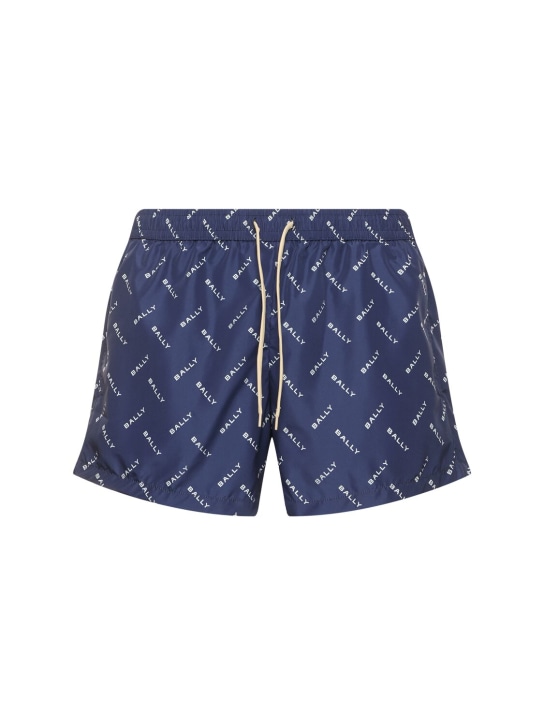 Bally: Shorts mare in nylon con logo - Blu Marino - men_0 | Luisa Via Roma