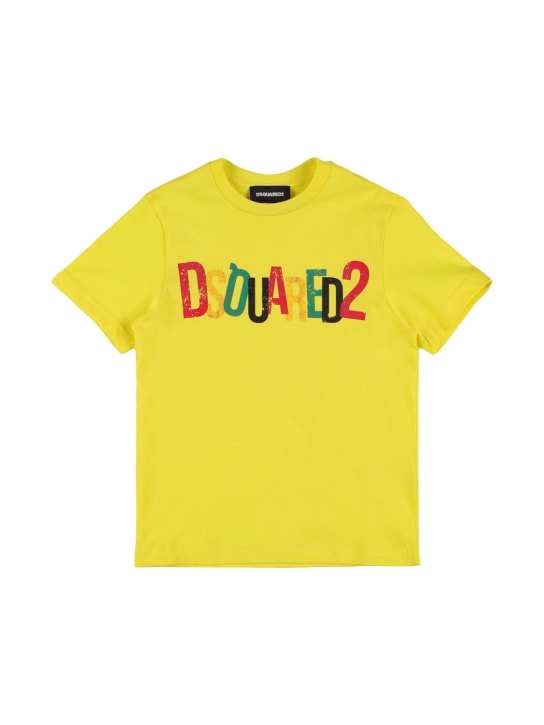 Dsquared2: T-shirt in jersey di cotone stampato - Giallo - kids-boys_0 | Luisa Via Roma