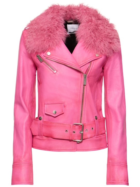 Blumarine: Belted leather jacket w/ fur collar - Pink - women_0 | Luisa Via Roma