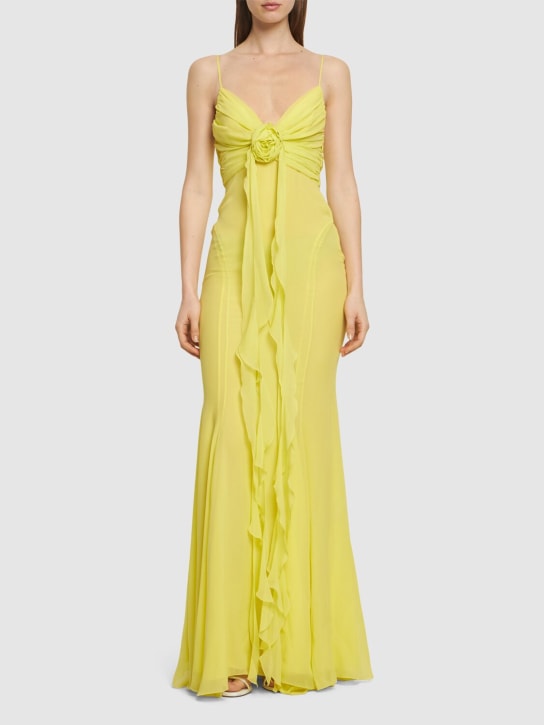 Blumarine: Ruffled silk long dress w/rose - Yellow - women_1 | Luisa Via Roma