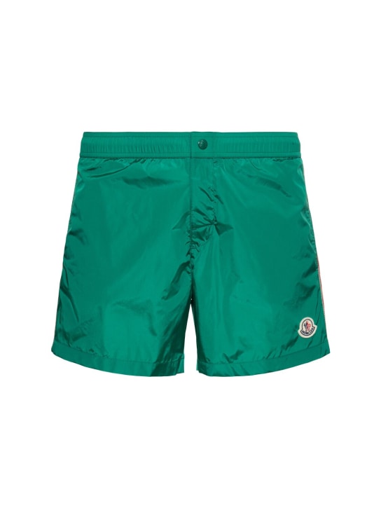 Moncler: Shorts mare in nylon con logo - Smeraldo - men_0 | Luisa Via Roma