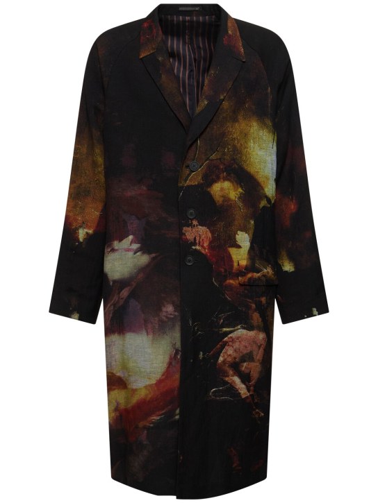 Yohji Yamamoto: I-Designed printed linen blend long coat - Black - men_0 | Luisa Via Roma