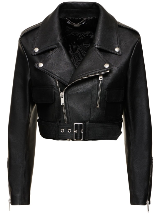 Stella McCartney: Belted faux leather cropped biker jacket - Black - women_0 | Luisa Via Roma
