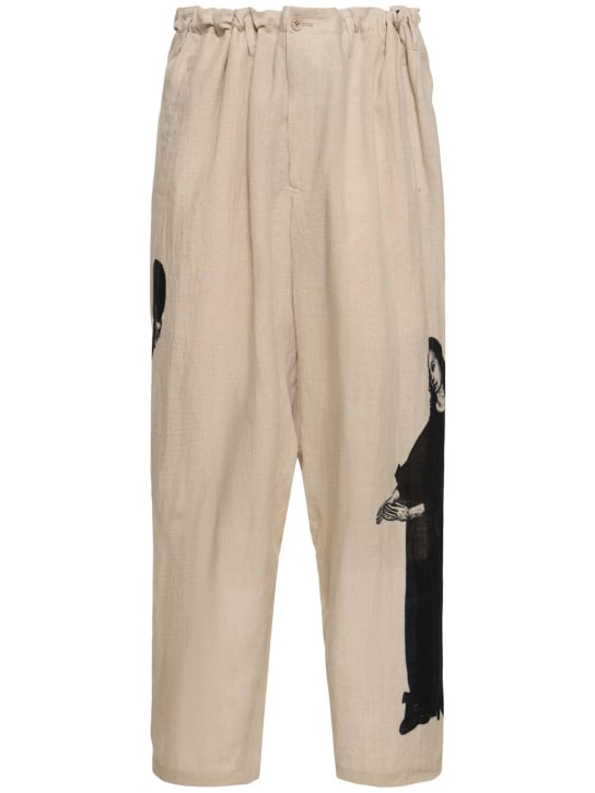 Yohji Yamamoto: Pantalon en lin imprimé - Blanc/Noir - men_0 | Luisa Via Roma