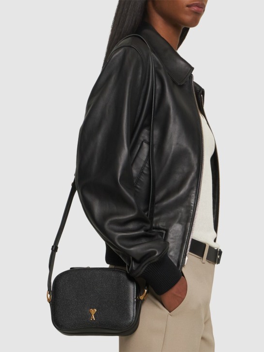AMI Paris: Paris Paris grained leather camera bag - Black/Brass - women_1 | Luisa Via Roma