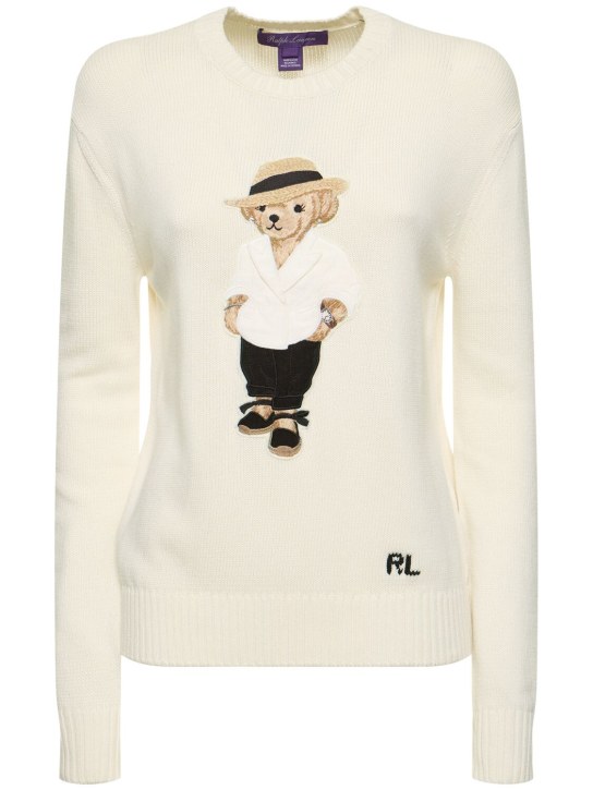 Ralph Lauren Collection: Cotton jersey crewneck sweater w/ bear - Ivory - women_0 | Luisa Via Roma