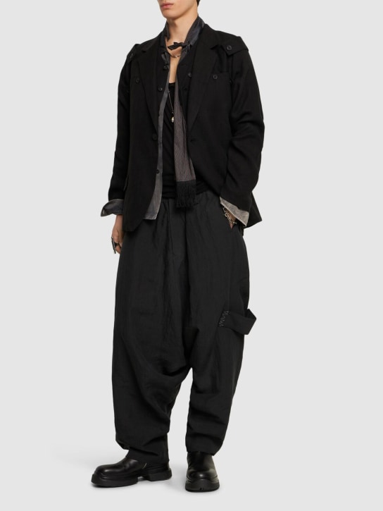 Yohji Yamamoto: A-asm Sarouel gusset linen pants - Black - men_1 | Luisa Via Roma
