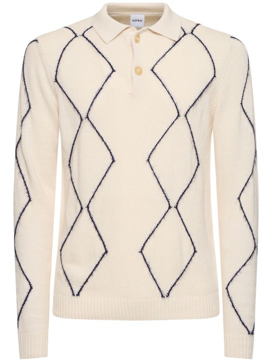 ASPESI: Diamond cotton blend knit l/s polo - White - men_0 | Luisa Via Roma