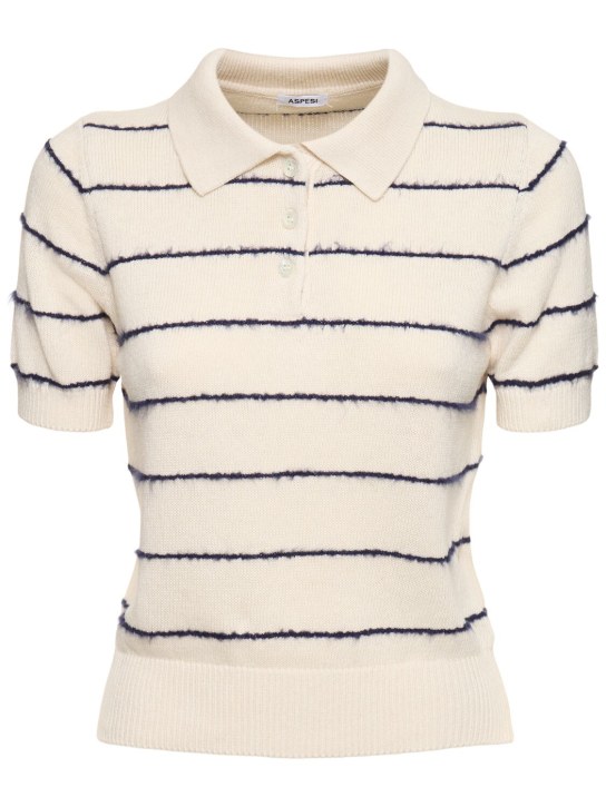 ASPESI: Striped knit short sleeve polo top - White/Blue - women_0 | Luisa Via Roma