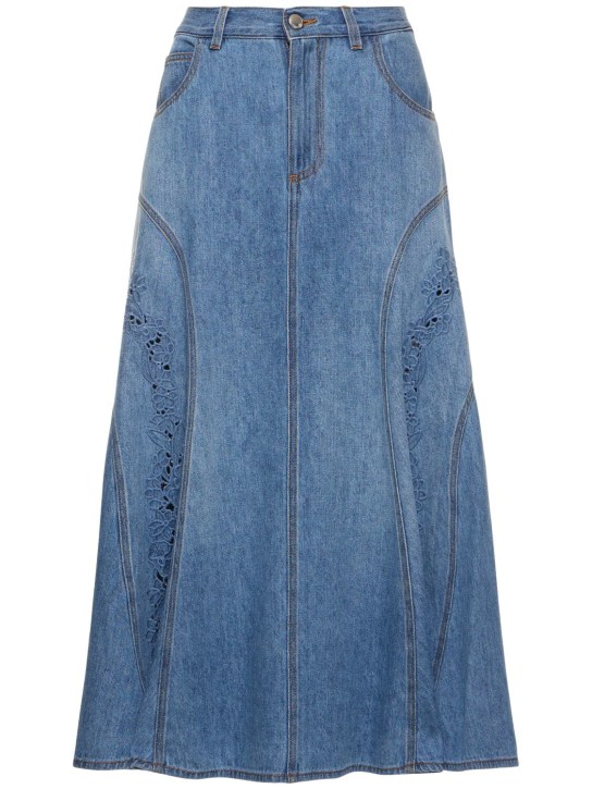 Chloé: Cotton & linen embroidered midi skirt - Blue - women_0 | Luisa Via Roma