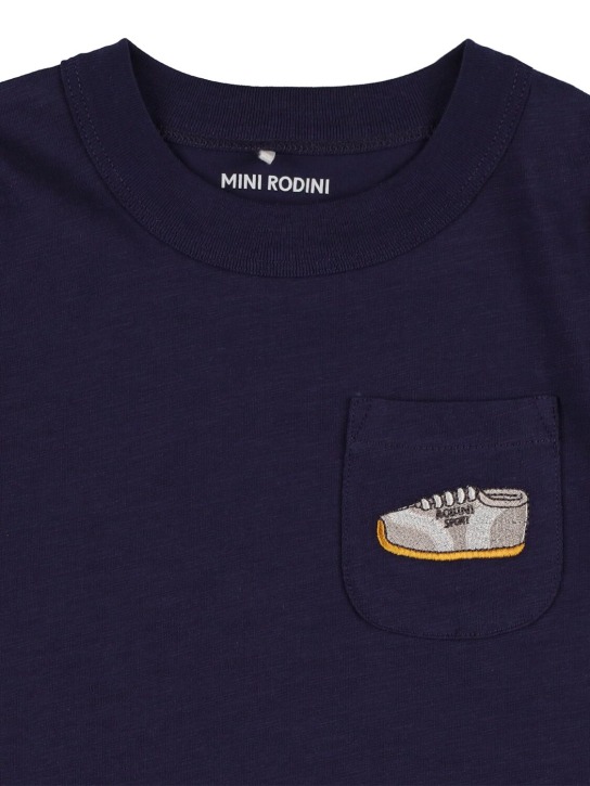 Mini Rodini: T-shirt en coton brodé - Bleu Marine - kids-boys_1 | Luisa Via Roma