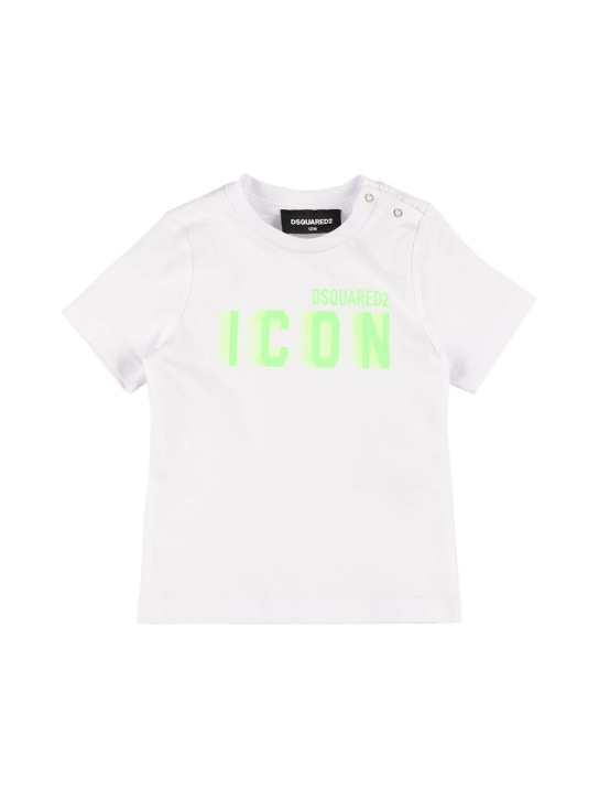 Dsquared2: T-shirt en jersey de coton imprimé logo - Blanc/Vert - kids-boys_0 | Luisa Via Roma