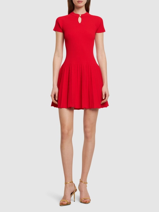 Balmain: Pleated knit short sleeve mini dress - Red - women_1 | Luisa Via Roma