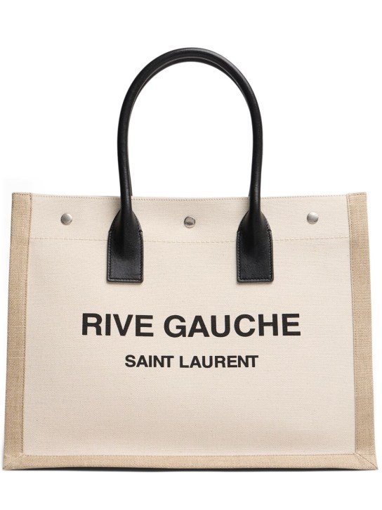 Saint Laurent: Small Rive Gauche linen tote bag - Greggio/Na - women_0 | Luisa Via Roma