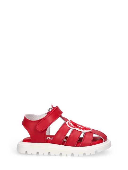 Moschino: Logo印花泰迪熊贴片皮革凉鞋 - 红色 - kids-boys_0 | Luisa Via Roma