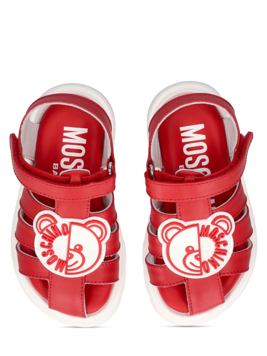 Moschino: Sandales en cuir imprimé logo avec patch ourson - Rouge - kids-girls_1 | Luisa Via Roma