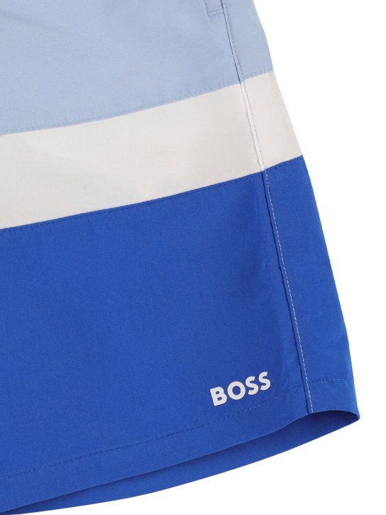 Boss: Bañador shorts de nylon con logo estampado - Azul/Multicolor - kids-boys_1 | Luisa Via Roma