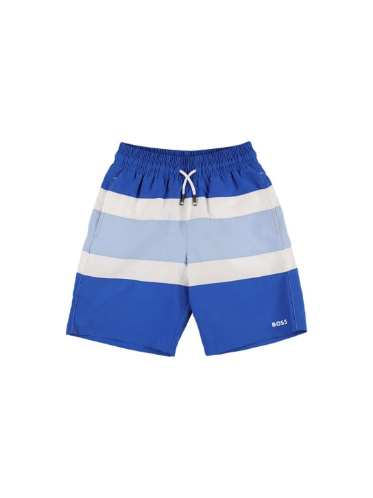 Boss: Logo print nylon swim shorts - Blue/Multi - kids-boys_0 | Luisa Via Roma