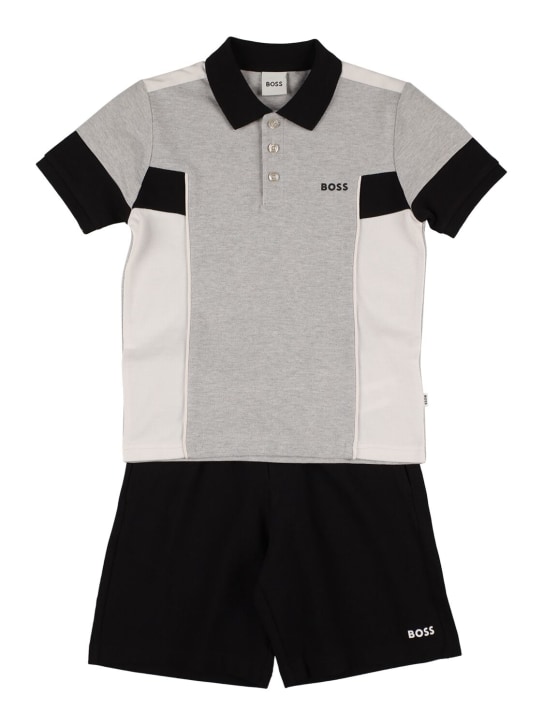 Boss: Polo in cotone piqué e shorts - Grigio/Nero - kids-boys_0 | Luisa Via Roma