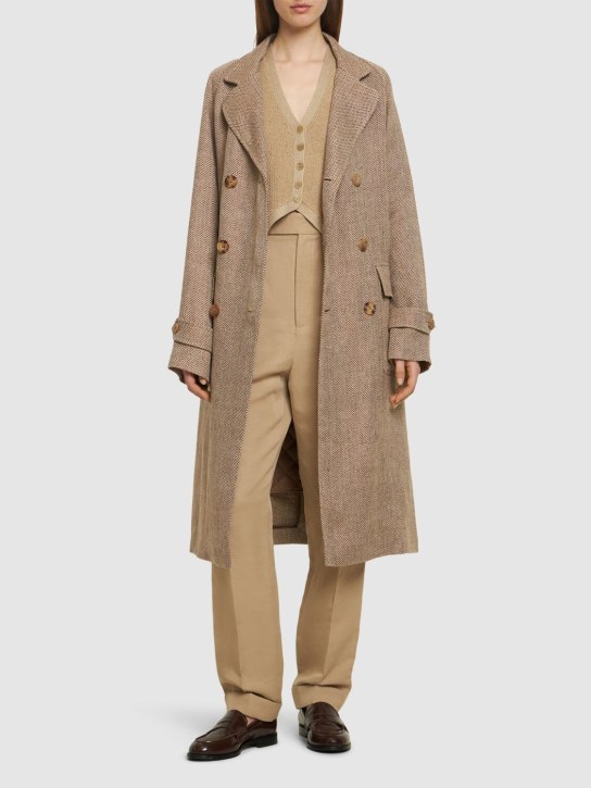 Ralph Lauren Collection: 双排扣亚麻中长大衣 - 深米黄色 - women_1 | Luisa Via Roma
