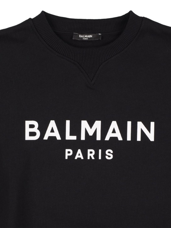 Balmain: Sweat-shirt à imprimé logo à col ras-du-cou - Noir/Blanc - kids-boys_1 | Luisa Via Roma
