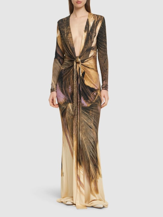 Roberto Cavalli: Kleid aus Stretch-Jersey mit Knoten - Multi Braun - women_1 | Luisa Via Roma