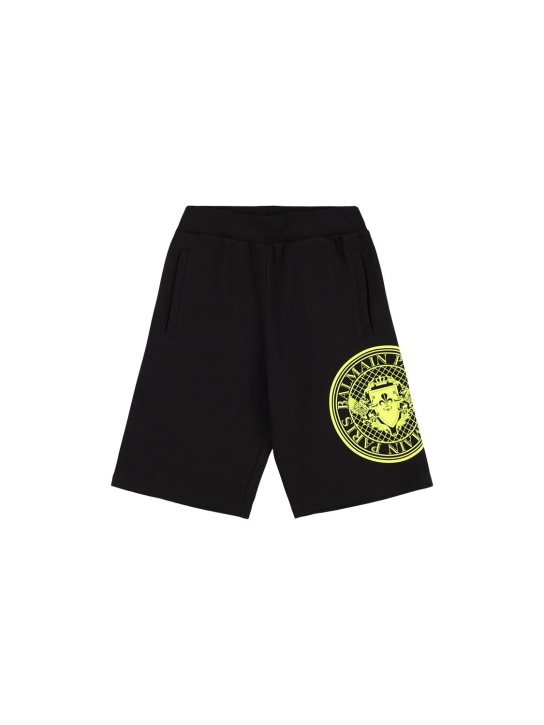 Balmain: Shorts in felpa di cotone con stampa - Nero/Giallo - kids-boys_0 | Luisa Via Roma