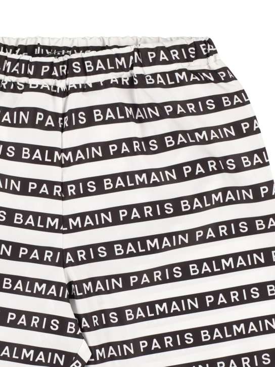 Balmain: Shorts mare in nylon con logo - Bianco/Nero - kids-boys_1 | Luisa Via Roma
