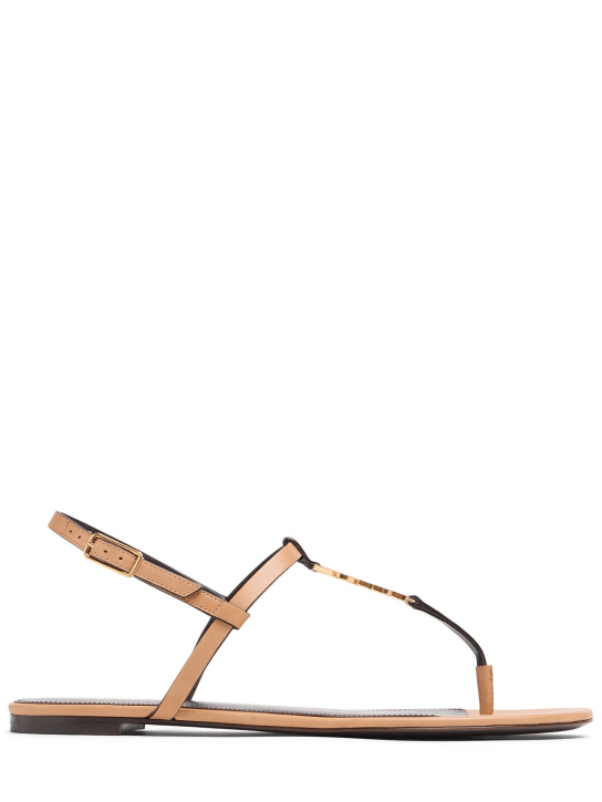 Saint Laurent: 5mm Cassandra leather flat sandals - Gold Brown - women_0 | Luisa Via Roma