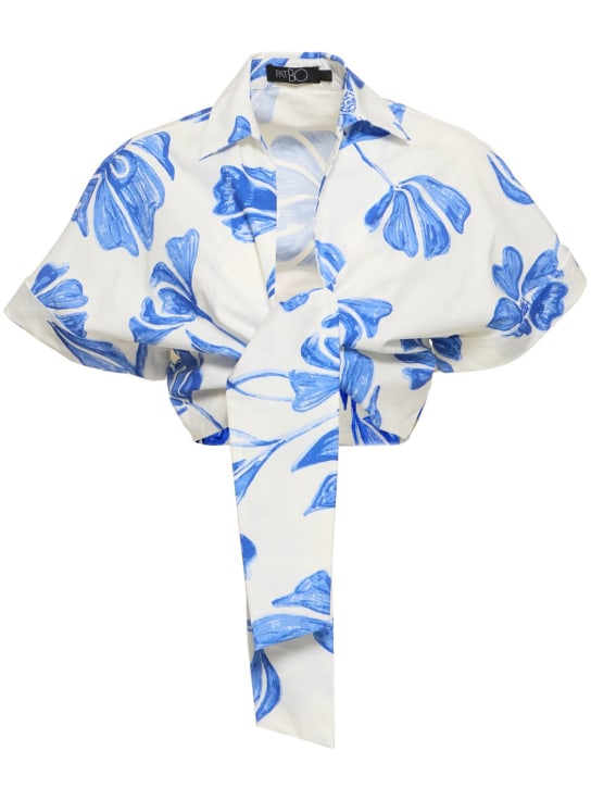 Patbo: Nightflower self-tie cropped cotton top - White/Blue - women_0 | Luisa Via Roma