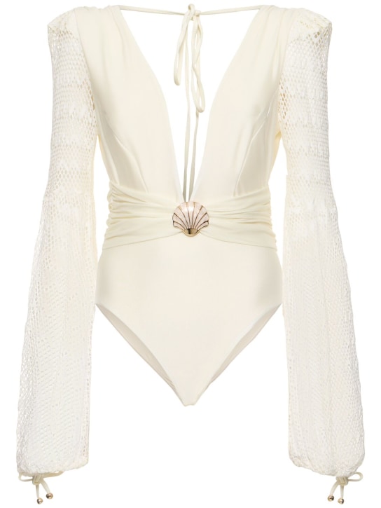 Patbo: Plunge neck long sleeve swimsuit - White - women_0 | Luisa Via Roma