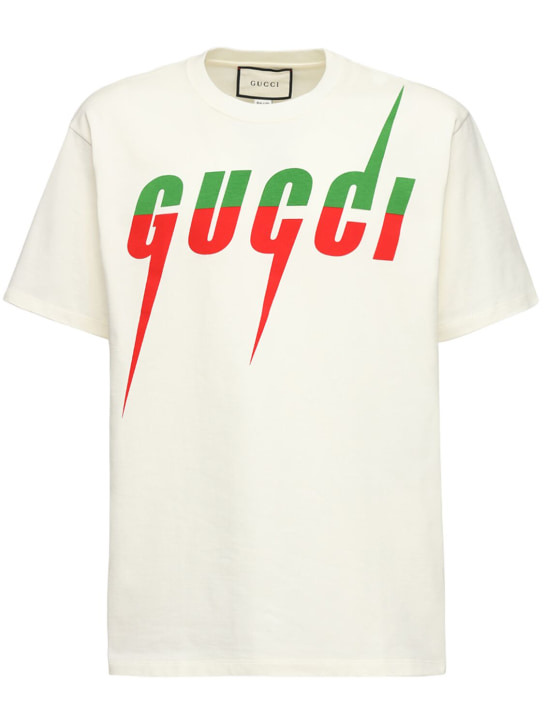 Gucci: Camiseta oversize de algodón jersey con logo - Blanco Opaco - men_0 | Luisa Via Roma