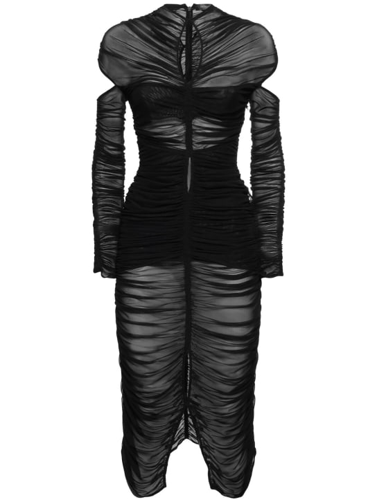 MUGLER: Robe longue en mesh drapé ajouré - Noir - women_0 | Luisa Via Roma