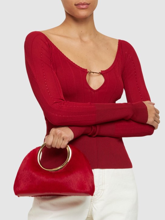 Jacquemus: Le Petit Calino ponyhair top handle bag - Dark Red - women_1 | Luisa Via Roma