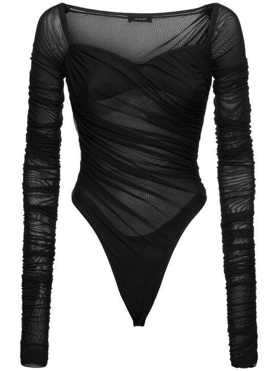 MUGLER: Body drapé à manches longues - Noir - women_0 | Luisa Via Roma