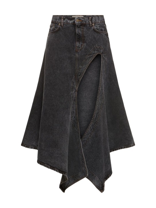 Y/PROJECT: Denim asymmetric slit midi skirt - Black - women_0 | Luisa Via Roma